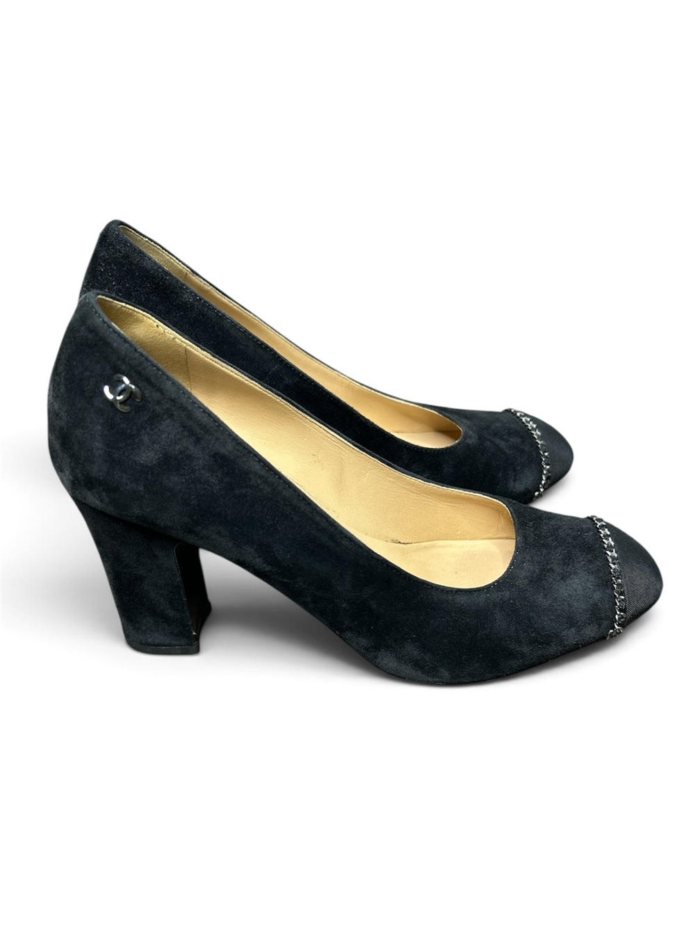 CHANEL Black Suede Chain CC Heels Pumps EU 38 US 7.5 8 Classic Work Luxury 2019